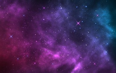 Space background. Realistic starry night. Cosmos and shining stars. Milky way and stardust. Color galaxy with nebula. Magic Infinite universe. Vector illustration