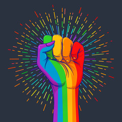 Rainbow colored hand with a fist raised up. Gay Pride. LGBT concept. Realistic style vector colorful illustration. Sticker, patch, t-shirt print, logo design. - obrazy, fototapety, plakaty