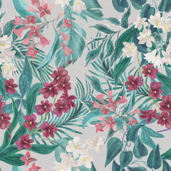 Watercolor painting seamless floral pattern with tropical flowers