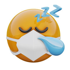 3D render of sleeping hard yellow emoji face in medical mask protecting from coronavirus 2019-nCoV, MERS-nCoV, sars, bird flu and other viruses, germs and bacteria and contagious disease.