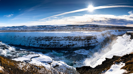 Panorama Gullfoss waterfall in winter in Iceland