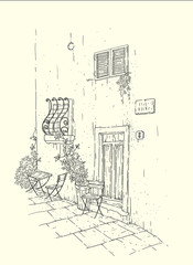 Romantic vector outline sketch illustration of Florence. Italian street corner with yellow walls, big wooden door and latticed window. Calm urban landscape.
