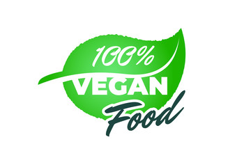 100 percent fresh healthy vegan food on green leaf label. Vegetarian natural eco green tag badge concept vector illustration
