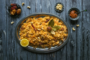Traditional Arabic Basmati rice with vegetables. Arabic cuisine. Vegetable Biryani.