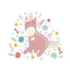 Vector illustration of a cute unicorn sitting down. Cartoon character. Scandinavian pastel colors. Suitable for baby clothes, postcards.