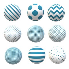 3D render-balls, spheres filled with different textures : polka dots , stripes, grid, grid, zigzag, random circles. Design elements for creating modern trend layouts for Wallpapers , banners. Set