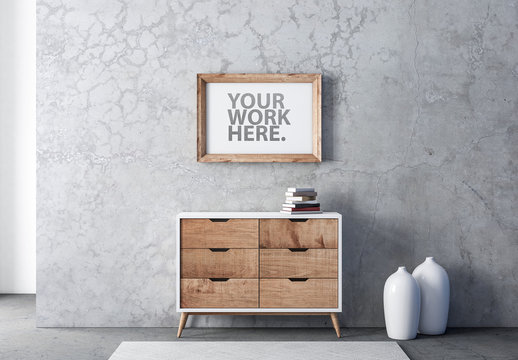 Horizontal Wooden Frame Poster Mockup on Wall
