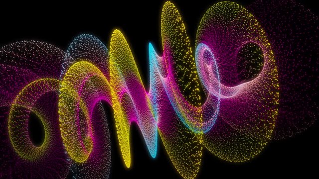 Colourful glowing particles on black background.