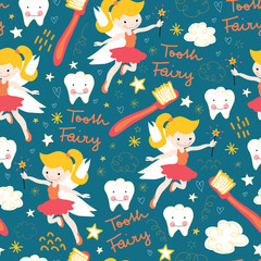 Seamless vector pattern Tooth fairy. Cute fairies with wand on blue background with teeth, toothbrush, stars and clouds. Repeating backdrop for kids dentistry, dental clinic, children fabric, decor