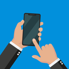 Hand holding black smartphone, touching blank screen. Using mobile smart phone, flat design concept. Flat design vector illustration