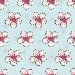 Fototapeta premium Cherry blossom seamless vector pattern. Spring blooming pink flowers on blue, green backdrop. Floral colorful background of peach, pear, sakura, apple. Japanese flowering. Hand drawn floral motif.