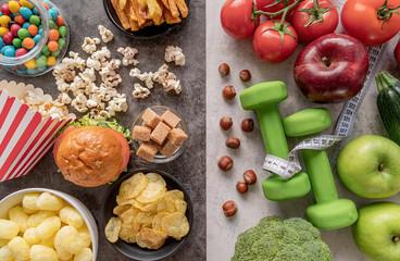 Fruit and vegetables vs sweets and potato fries top view flat lay