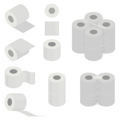 Collection of toilet paper rolls, isometric image. 3D Render. Vector illustration.