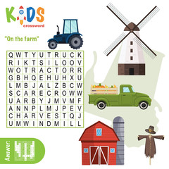 Easy word search crossword puzzle 'On the farm', for children in elementary and middle school. Fun way to practice language comprehension and expand vocabulary. Includes answers.