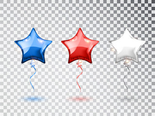Star Balloons in national colors of the american flag isolated on transparent background. USA greeting design element. Vector elements for national holiday backgrounds or birthday party