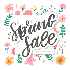Spring Sale Word Hanging on Leaves with Strings. Vector Illustration flowers