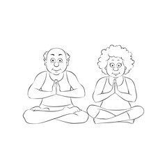 Yoga old woman and man in lotus position.Nice grandparents meditating.Linear silhouette on a white background.