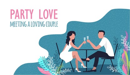 Vector illustration of a man and a woman drinking wine, meeting a couple in love, flat design, horizontal banner