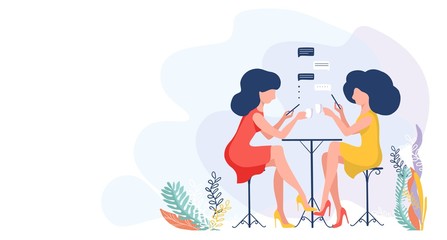 Vector illustration of two women drinking coffee, girlfriends texting in smartphone, flat design
