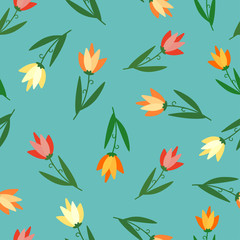 Doodle  tulip flowers of red, orange, yellow and pink colors on calm blue background. Seamless spring natural pattern. Suitable for textile, wrapping paper.