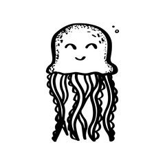 Jellyfish Sweet sea animal in doodle style isolated on white background. Vector outline ocean animal illustration. Simple summer child design.
