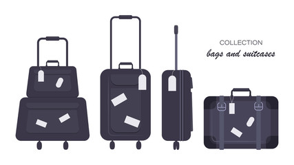 Bags, suitcases collection. Vector flat icons with stickers. Set on a white background. Design for sites, advertising of tourist and business trips.
