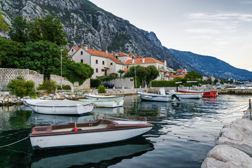Sunny morning view of Kotor bay near village Dobrota, Montenegro.