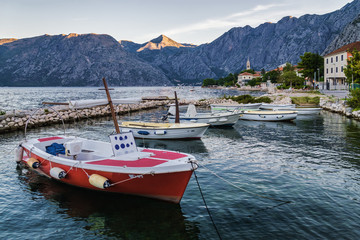 Fototapeta na wymiar Sunny morning view of Kotor bay near village Dobrota, Montenegro.