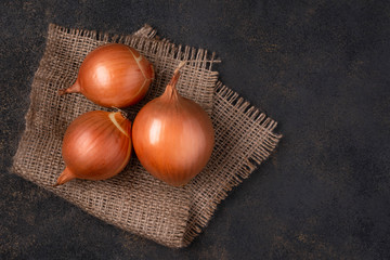 Three fresh onions on burlap. View from above. Free space for inscription.