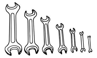 Hand-draw black vector illustration of metallic locksmith wrenches tool set isolated on a white background