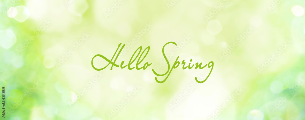 Wall mural spring background - abstract banner - green blurred bokeh lights - hello spring greetings