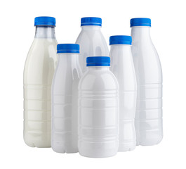 Plastic bottles for milk and yogurt isolated on white background