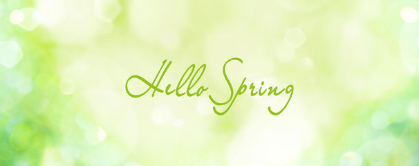 Spring background - abstract banner - green blurred bokeh lights - Hello Spring greetings