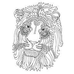 Hand drawn lion. Sketch for anti-stress adult coloring book in zen-tangle style. Vector illustration  for coloring page, isolated on white background.