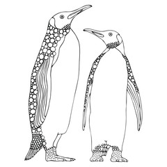 Two penguins. Hand drawn picture. Sketch for anti-stress adult coloring book in zen-tangle style. Vector illustration  for coloring page, isolated on white background.