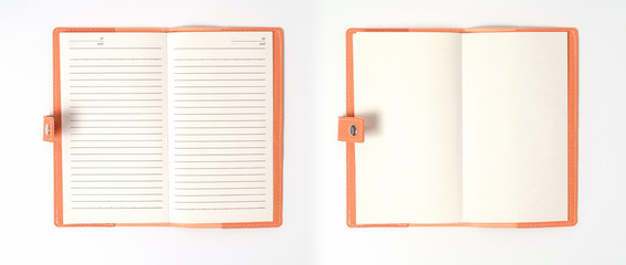 top view blank orange leather diary on white desk
