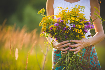 Beautiful bouquet of bright colorful wildflowers in the hands of a young girl walking in the field...