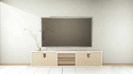 Tv on wooden cabinet in modern empty room and white wall on white floor room japanese style. 3d rendering
