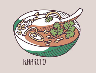 Hand drawn vector illustration of Kharcho. Doodle colored on pale background with hand written title of the dish.