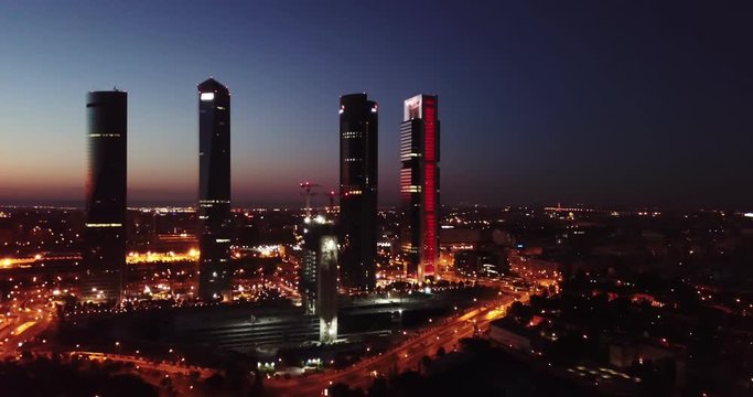 Night view of the four towers (Cuatro Torres) of the business district in Madrid. Spain