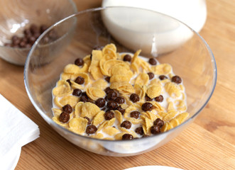 Plate Of Delicious Crunchy Corn Flakes With Cereals, Sunny Morning Healthy Eating Breakfest