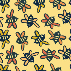 Modern seamless stylised design with abstract simple shape colorful butterflies on yellow background drawn by child. Can be used for printing on paper, stickers, badges, bijouterie, cards, textiles. 