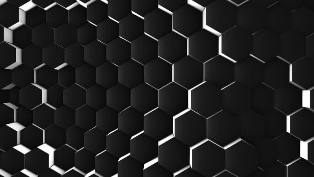 a lot of black hexagons on the surface of the whole screen volumetric wave like movement of rhombs densely adjacent to each other slow motion 