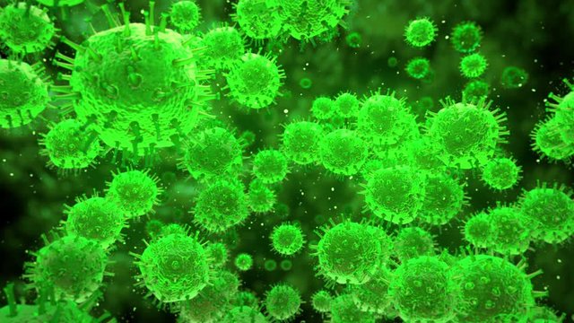 Green virus cells flowing. Viral disease global pandemic outbreak. Hepatitis, influenza, H1N1, Flu, aids, 2019-nCov COVID-19 novel coronavirus. Microorganisms macro close up 3d render loop background
