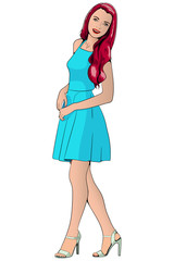 A young girl in a short dress is smiling. Vector image isolated on white background