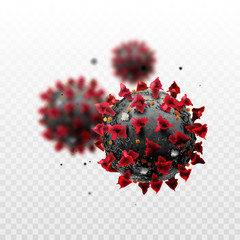 COVID-19 Chinese coronavirus under the microscope on a transparent background. Realistic vector 3d illustration. Pandemic, disease. Floating China pathogen respiratory influenza covid virus cells - 330184969