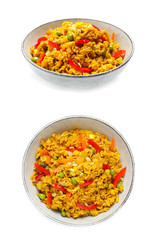 Collage of delicious pilaf on white background