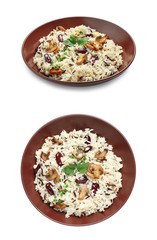 Collage of delicious pilaf on white background