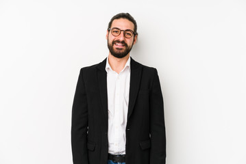 Young caucasian business man isolated on a white background happy, smiling and cheerful.