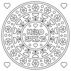 Hello Spring. Coloring page. Black and white vector illustration.
